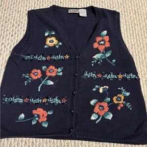 Liz Baker Essentials Navy Knit Sweater With Floral Embroidery